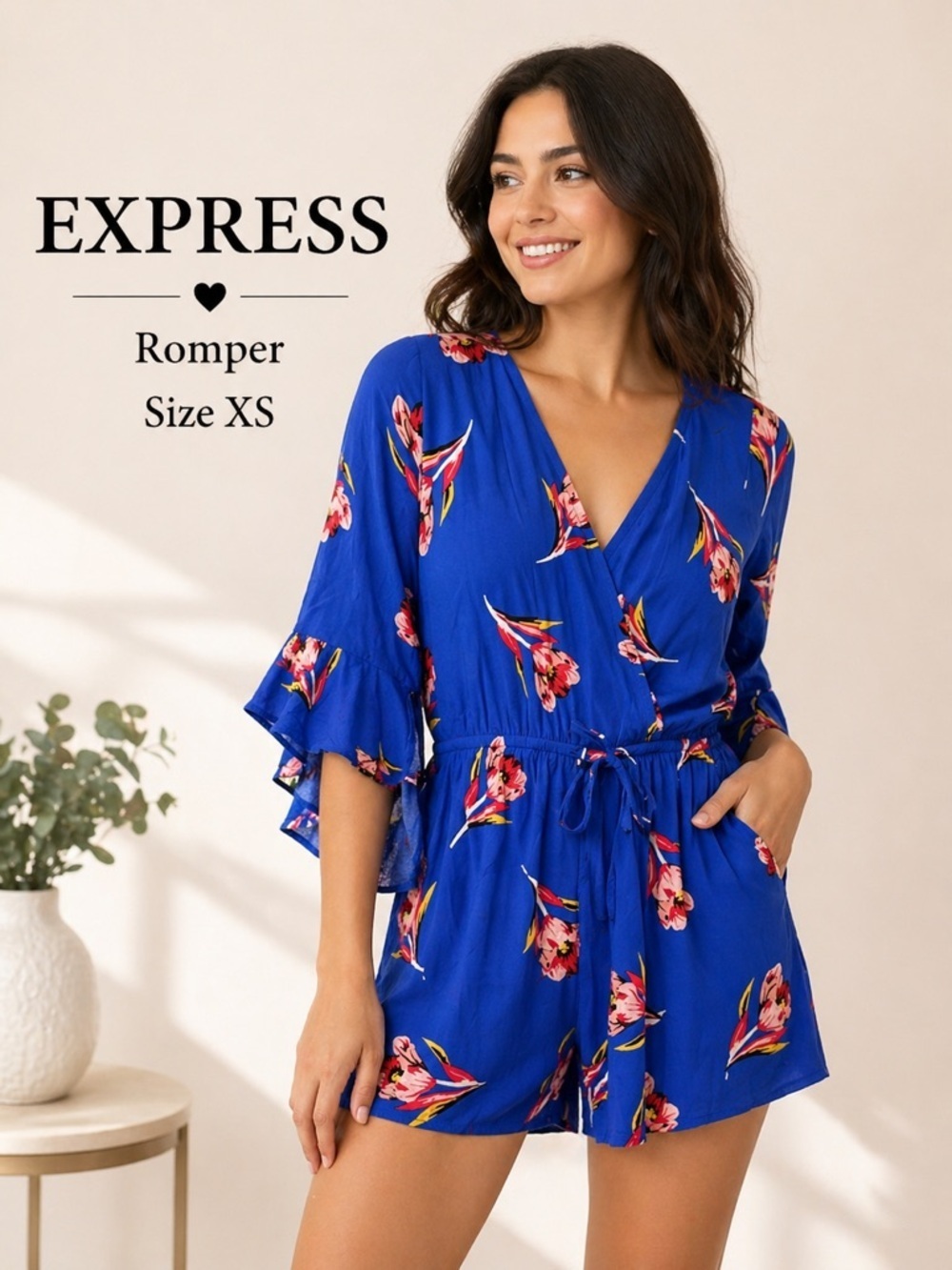 Express Blue Floral Bell Sleeve Romper feminine summer women’s - Size XS